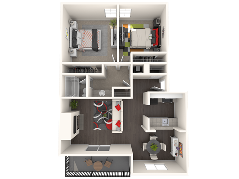 Floor plan for 2 beds, 1 bath, 919 sqft